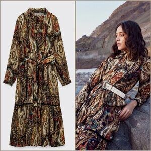 ZARA Woman Long Printed Brown Paisley The Alabama DRESS w/ Belt